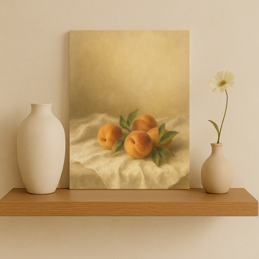 Peaches on linen canvas on a shelf with a vase and a flower against a beige wall.