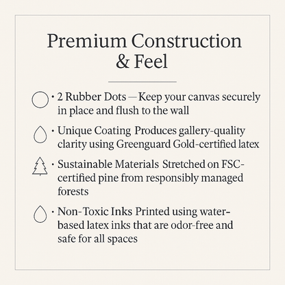 Text detailing features of premium construction and feel of a product, with icons and bullet points on a light gray background.