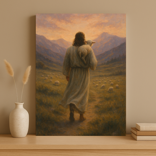 Jesus carrying a lamb across a valley at dusk – canvas wall art inspired by the Good Shepherd parable