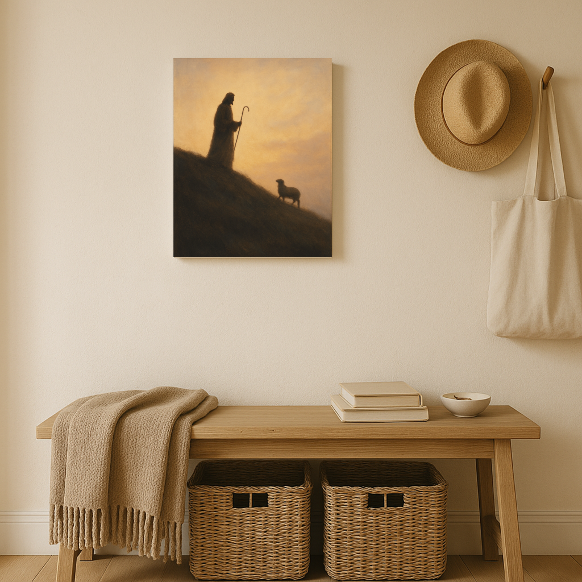 Jesus silhouette on a ridge with staff and lamb below – minimalist Good Shepherd canvas wall art shown in an entryway.