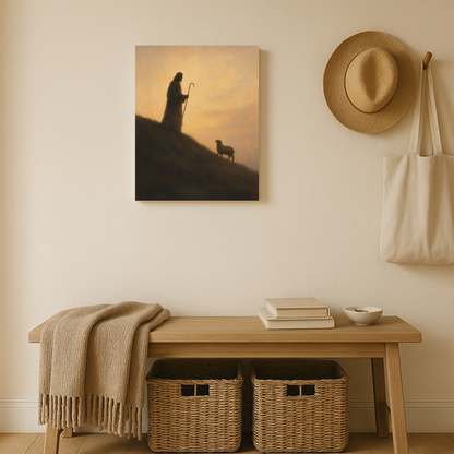 Jesus silhouette on a ridge with staff and lamb below – minimalist Good Shepherd canvas wall art shown in an entryway.