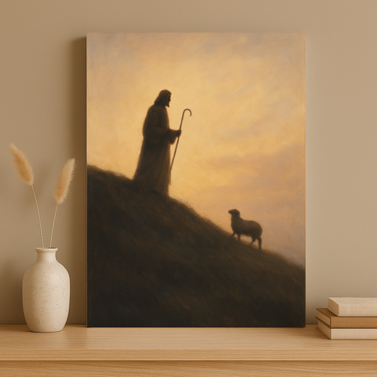 Jesus silhouette on a ridge with staff and lamb below – minimalist Good Shepherd canvas wall art