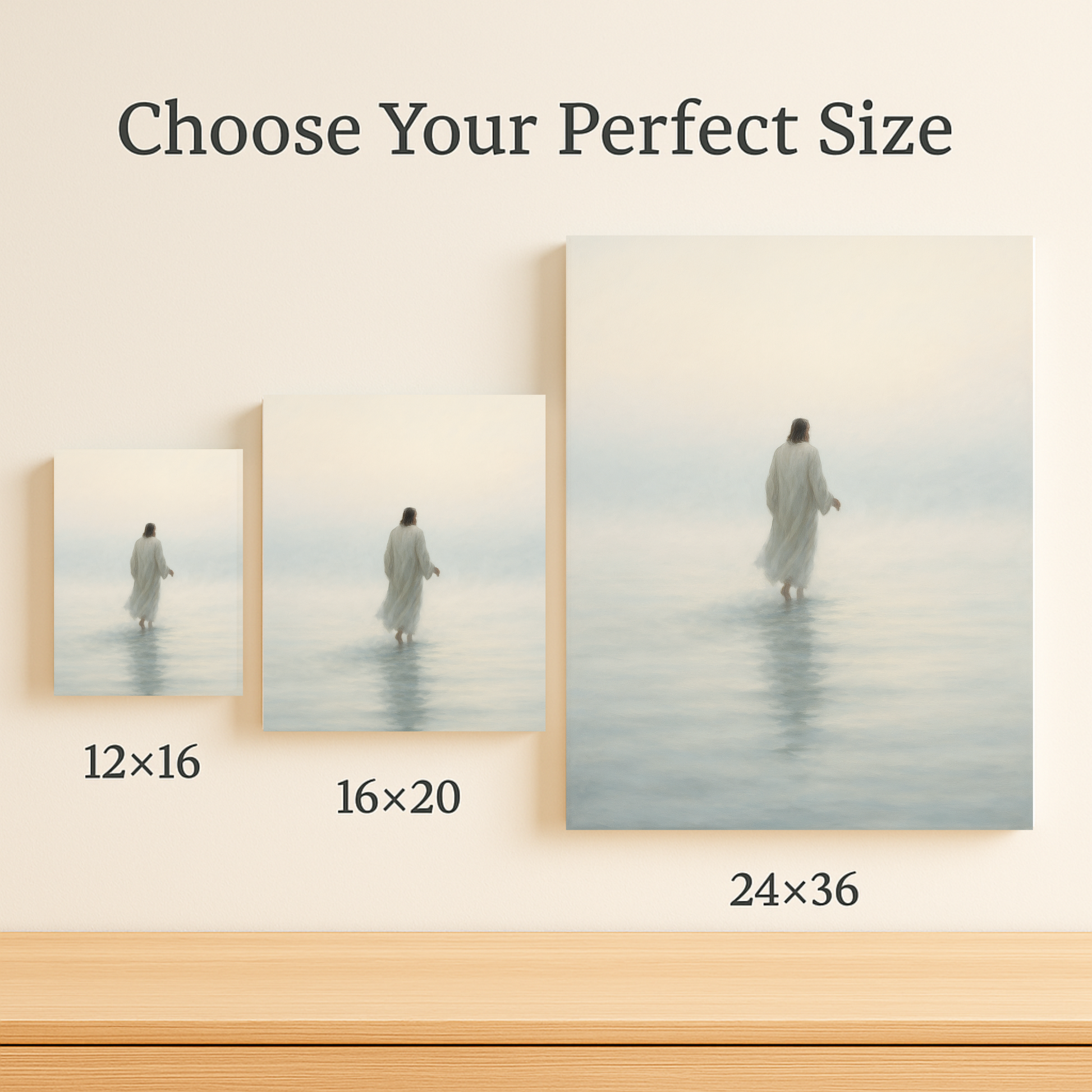 Showing different sizes of Jesus walking on calm water at dawn – minimalist Christian canvas wall art with misty light in 12x16, 16x20, & 24x36.