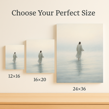 Showing different sizes of Jesus walking on calm water at dawn – minimalist Christian canvas wall art with misty light in 12x16, 16x20, & 24x36.