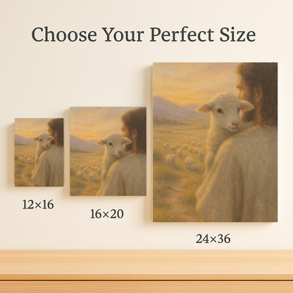 Canvas of view from lamb on Jesus’ shoulders – Christian canvas print inspired by the Good Shepherd parable shown in 12x16, 16x20, & 24x36.