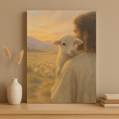 View from lamb on Jesus’ shoulders – Christian canvas print inspired by the Good Shepherd parable