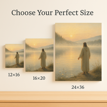 Shepherd in the stillness canvas shown in 12x16, 16x20, and 24x36 for size comparison