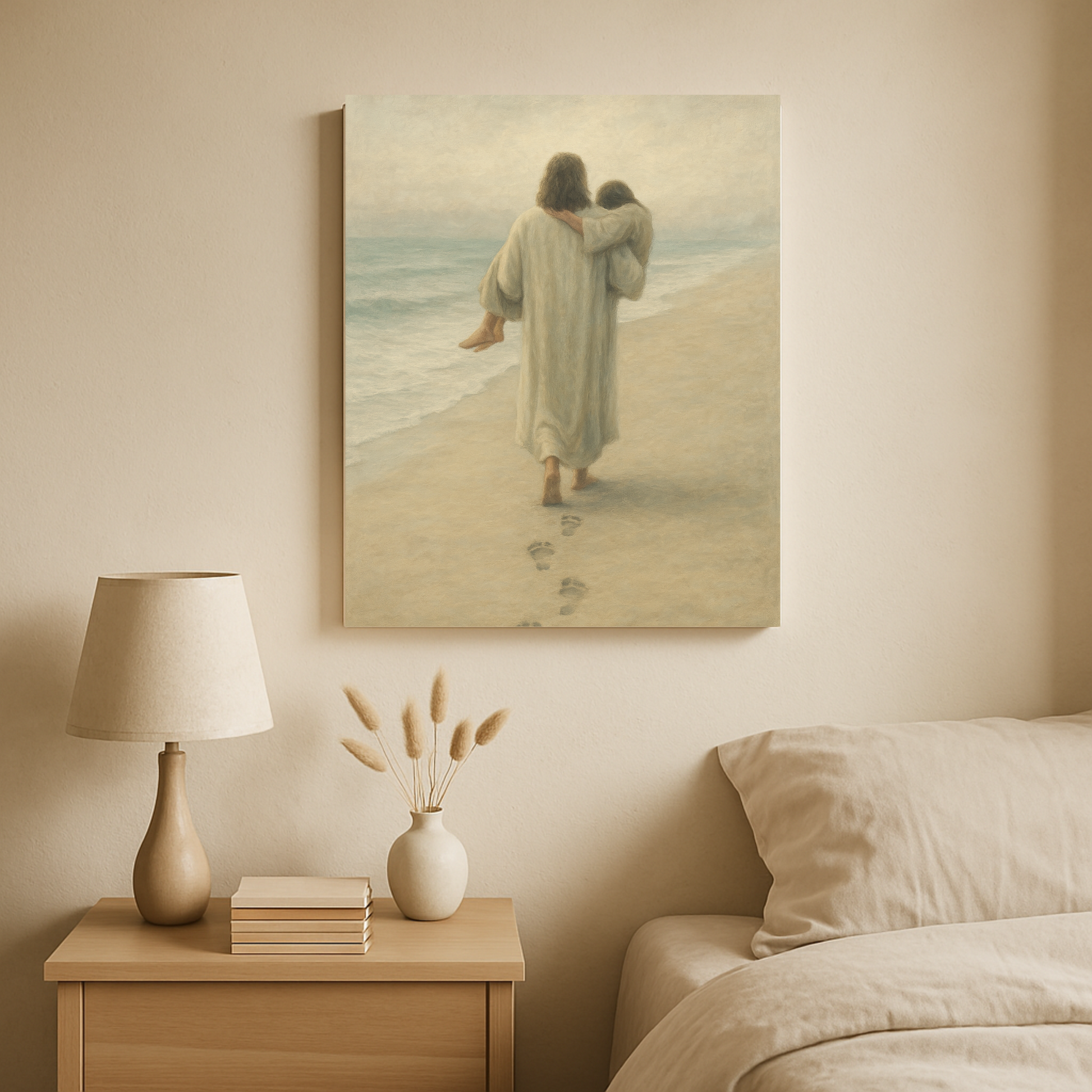 Bedroom interior with canvas of Jesus carrying someone on the beach, lamp, and books on a nightstand.