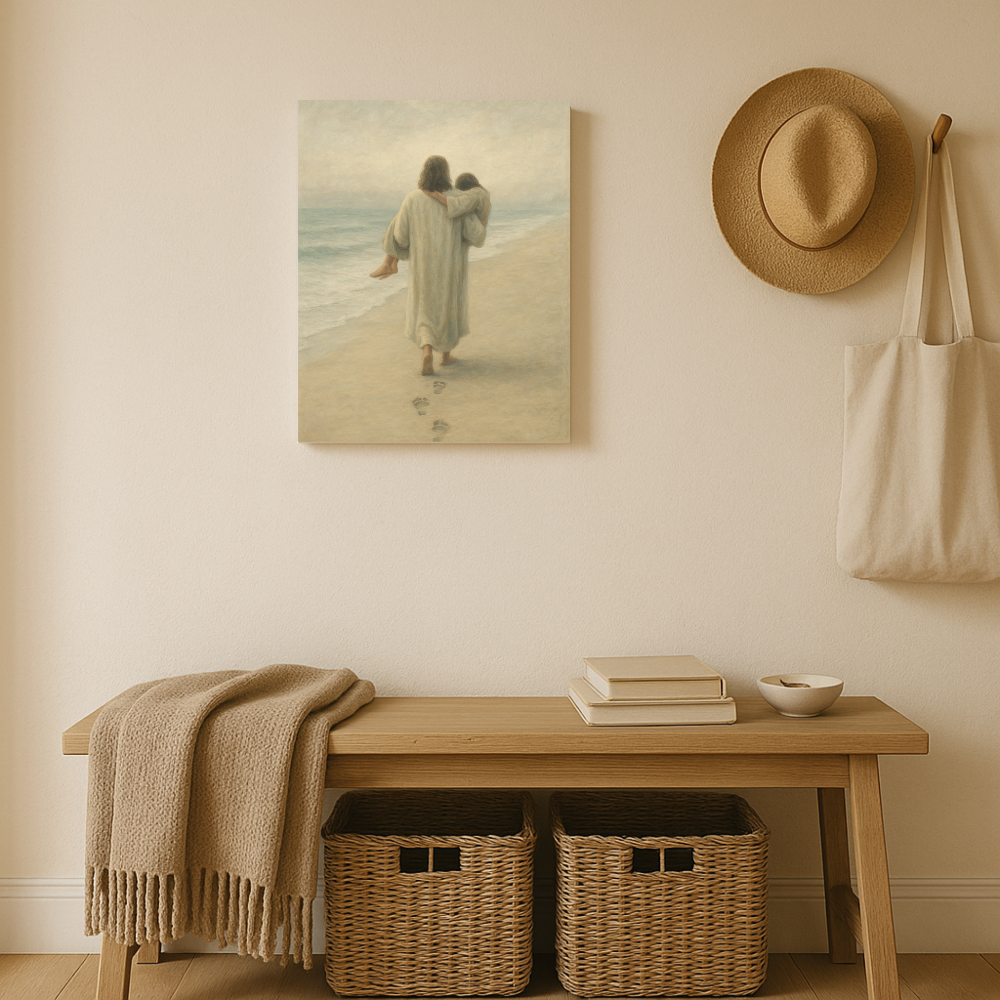 Entryway with a wooden bench, woven baskets, a painting of a couple on a beach, a hat, and a bag.