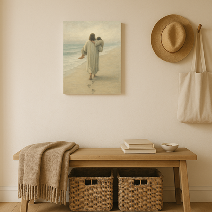 Entryway with a wooden bench, woven baskets, a painting of a couple on a beach, a hat, and a bag.