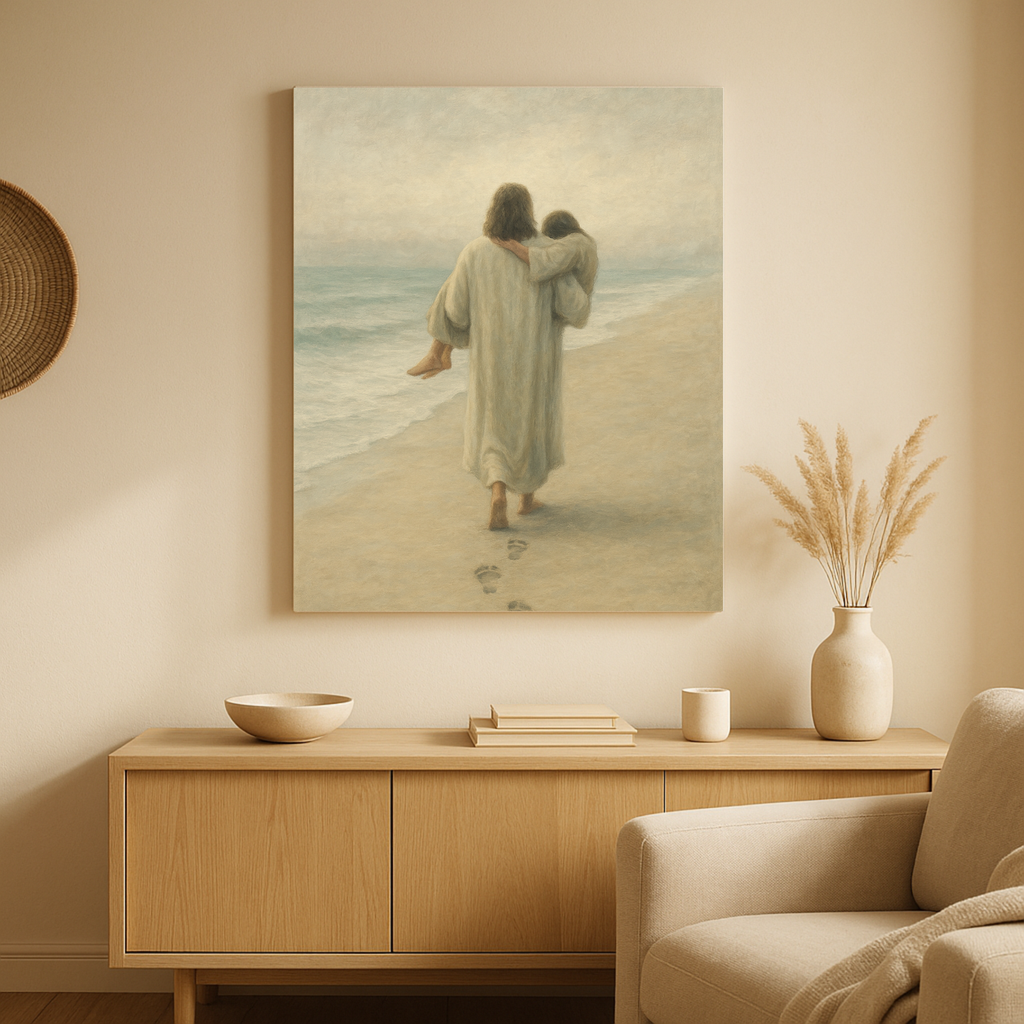 Living room with a canvas of Jesus carrying someone on the beach over a wooden cabinet, and beige armchair.