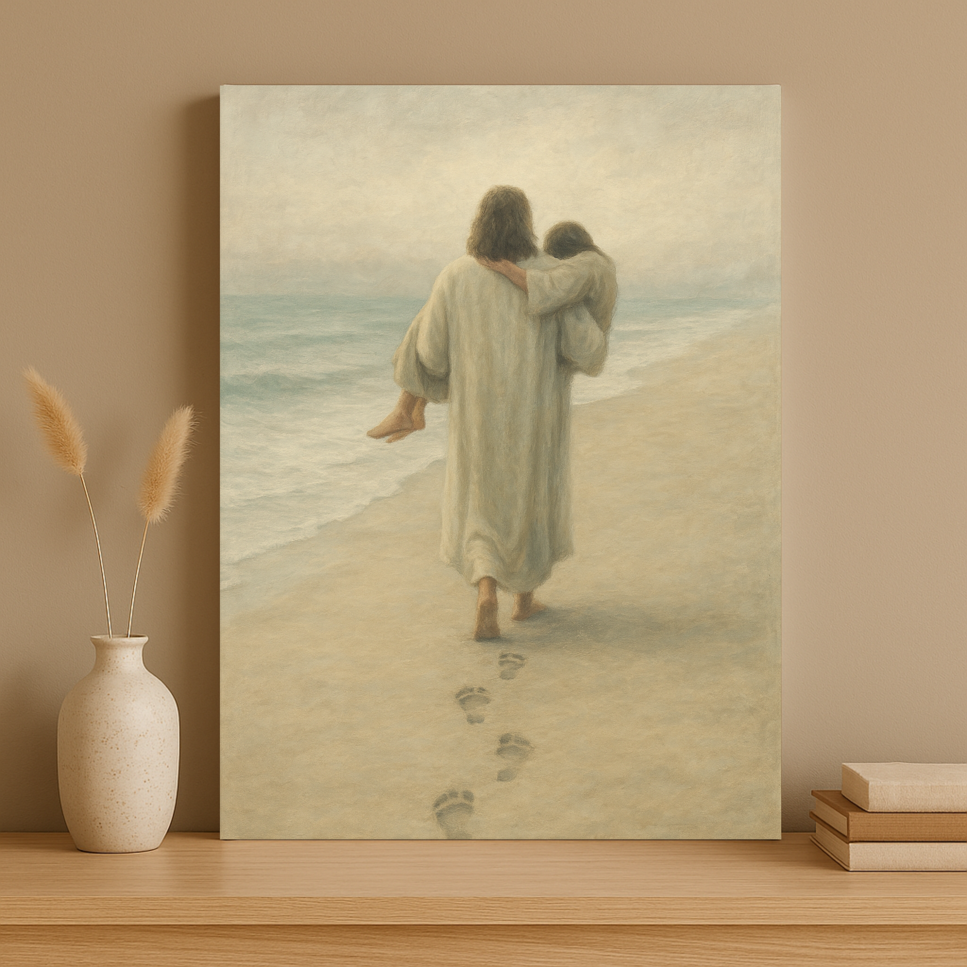 Jesus carrying a person along the beach with footprints in the sand – Christian canvas wall art inspired by Footprints in the Sand
