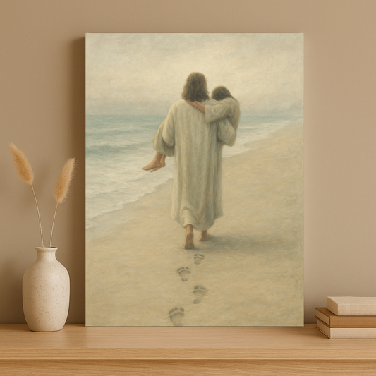 Jesus carrying a person along the beach with footprints in the sand – Christian canvas wall art inspired by Footprints in the Sand