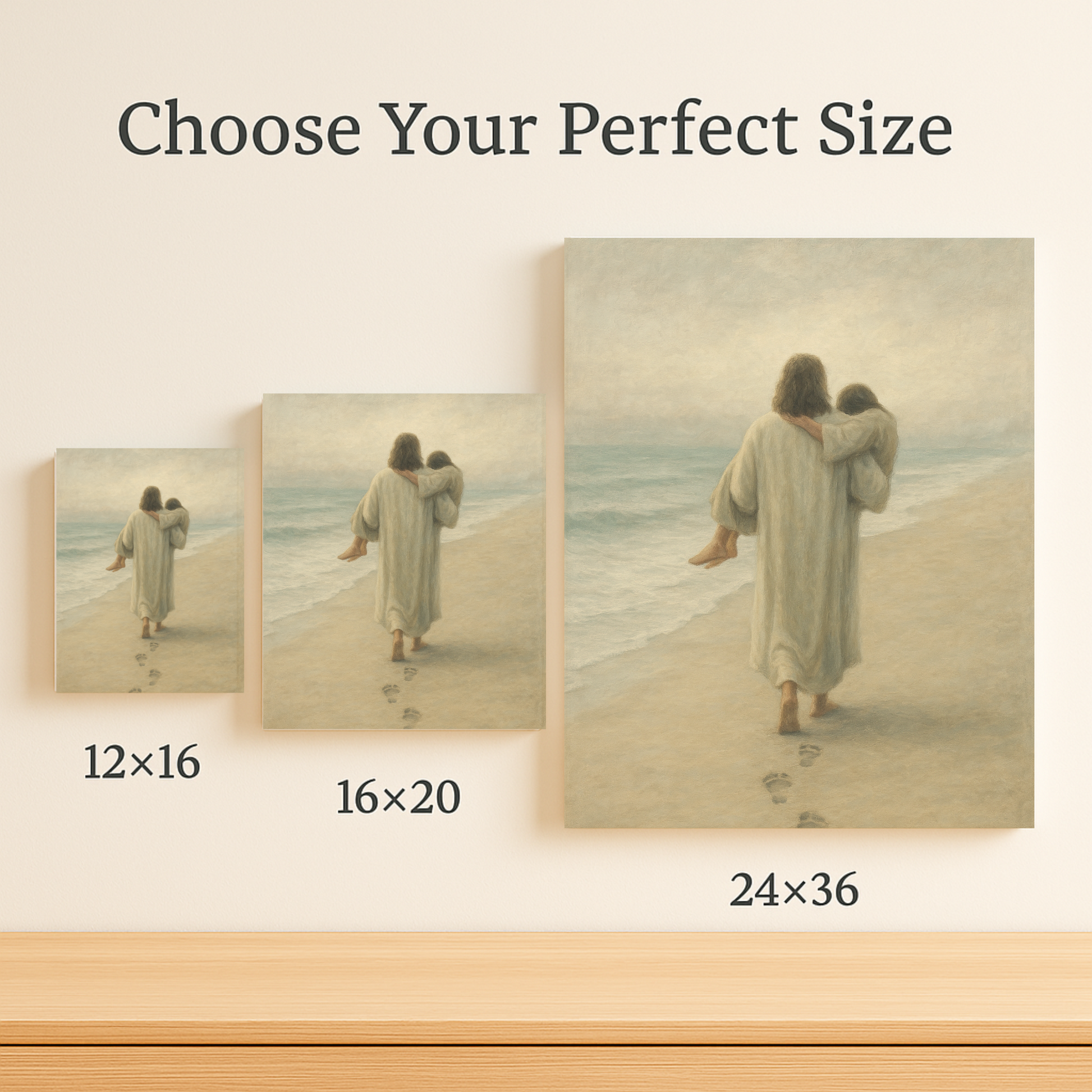 Size difference of the Jesus on the beach carrying someone in 12x16, 16x20, and 24x36.